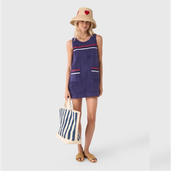 La Veste Dresses & Skirts - La Veste Mini Towel Dress Med Blue Red White Cotton Terry Americana Resort USA
